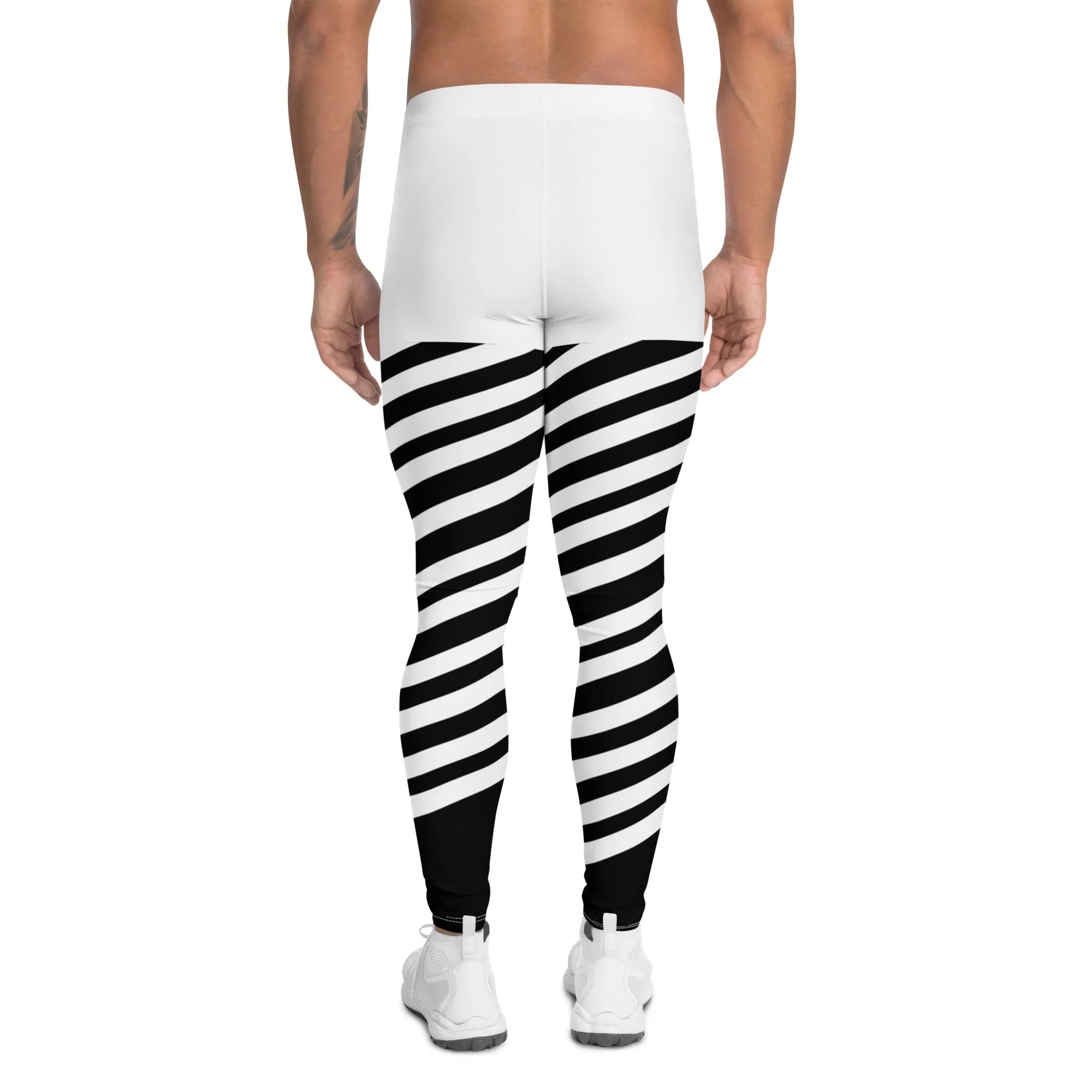 White Stripes Best Meggings, White and Black Diagonally Striped Meggings Compression Tights For Men- Made in USA/EU/MX