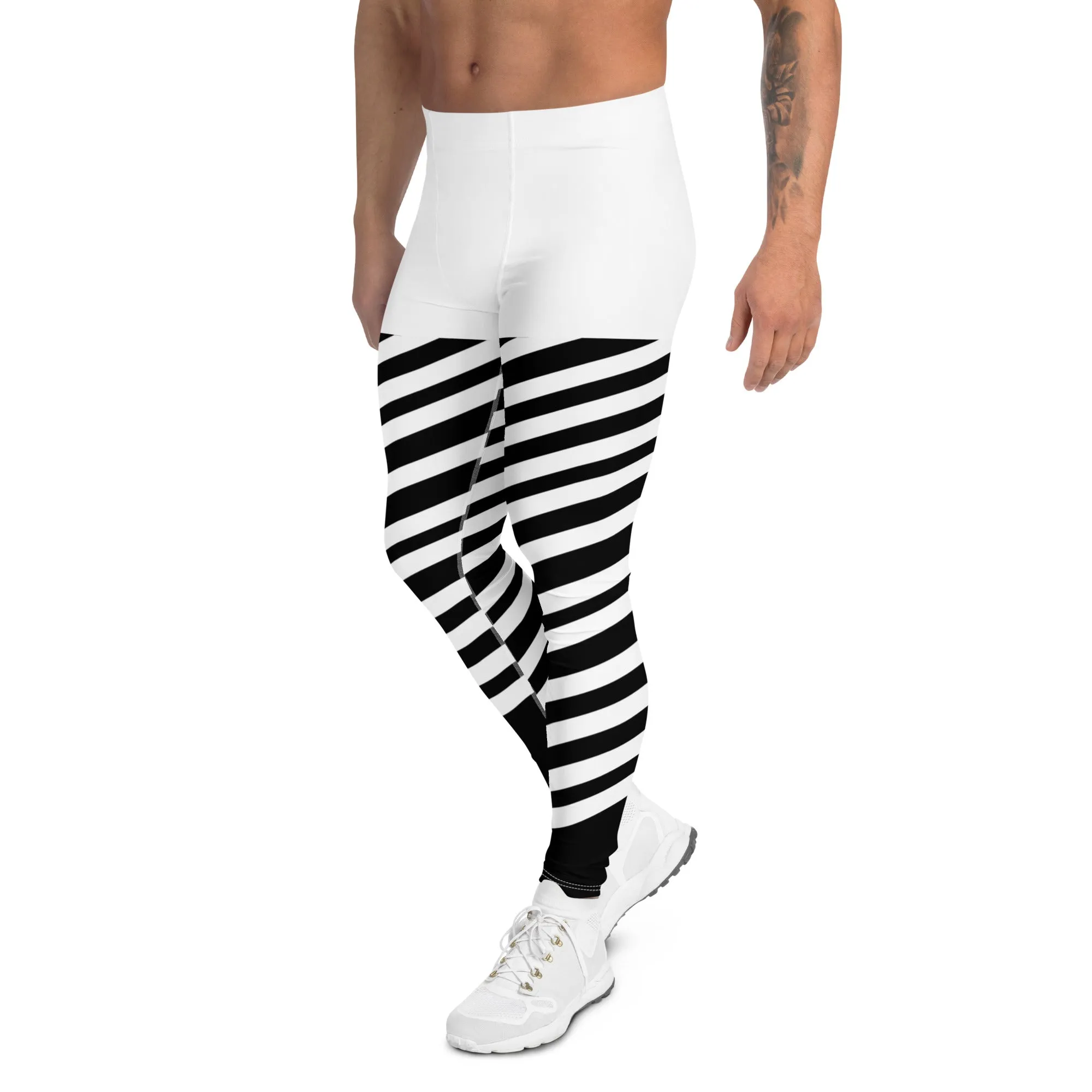 White Stripes Best Meggings, White and Black Diagonally Striped Meggings Compression Tights For Men- Made in USA/EU/MX