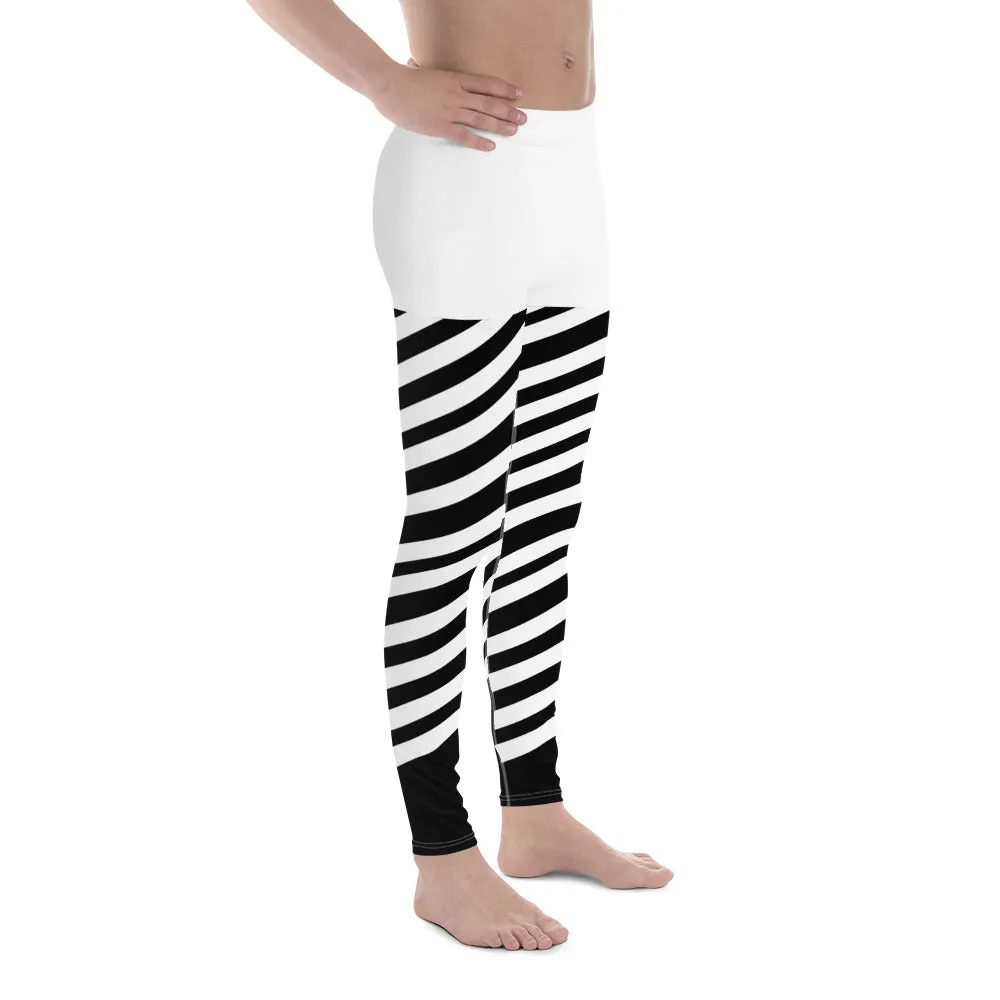 White Stripes Best Meggings, White and Black Diagonally Striped Meggings Compression Tights For Men- Made in USA/EU/MX