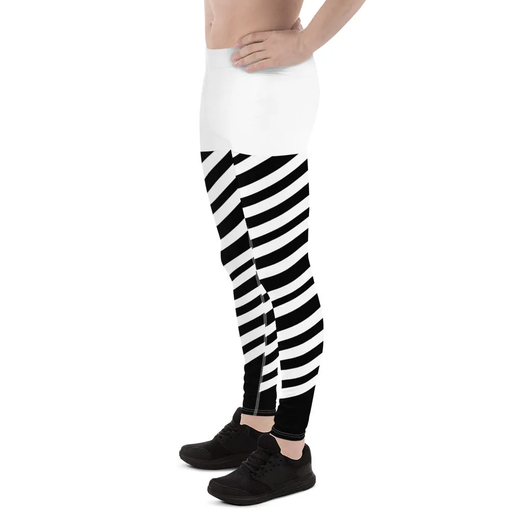 White Stripes Best Meggings, White and Black Diagonally Striped Meggings Compression Tights For Men- Made in USA/EU/MX