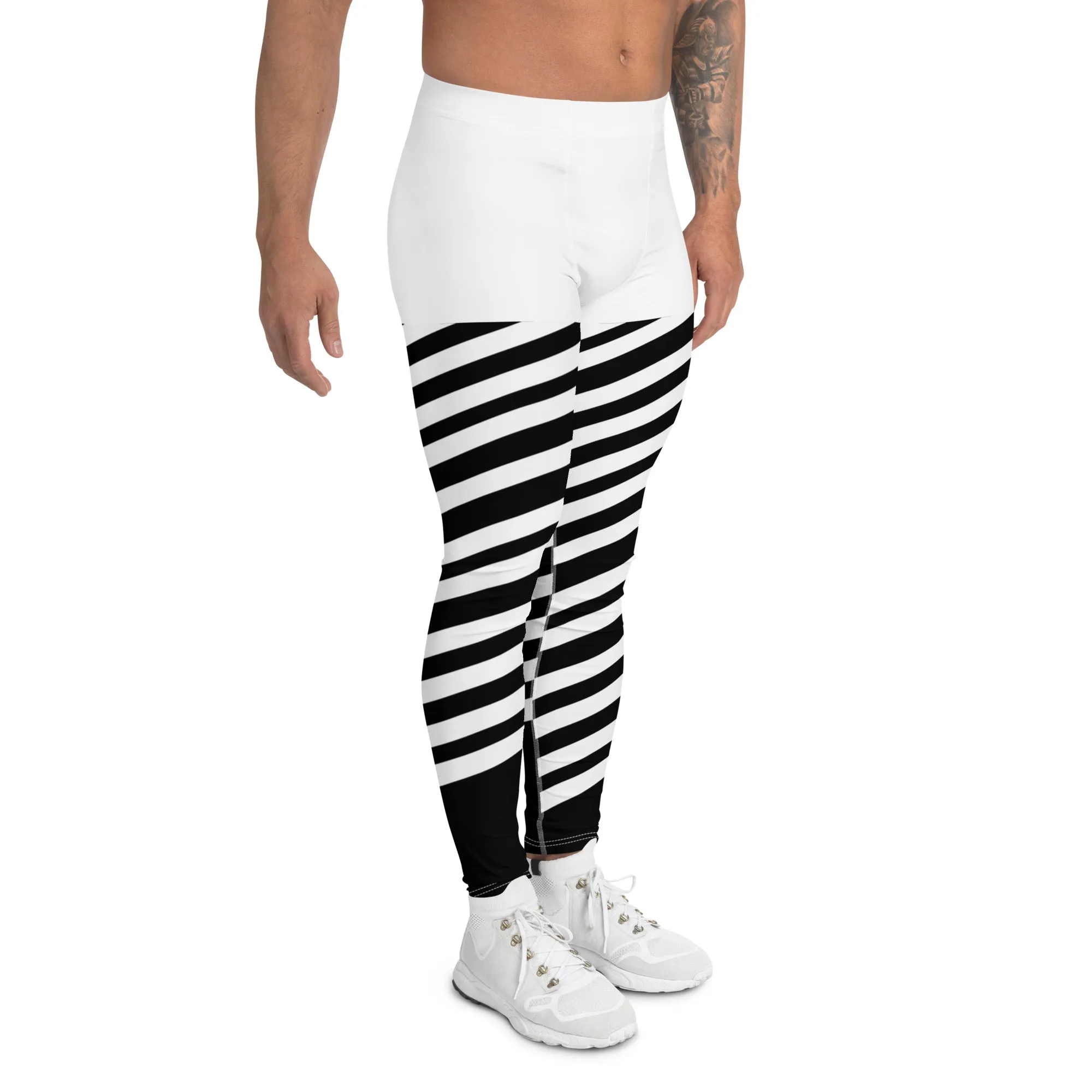 White Stripes Best Meggings, White and Black Diagonally Striped Meggings Compression Tights For Men- Made in USA/EU/MX