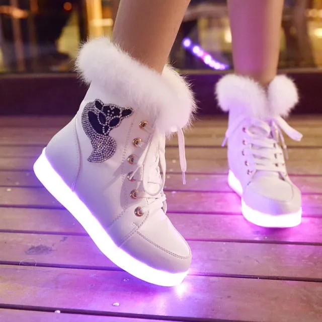 Winter Luminous Sneakers LED Shoes Plush Rabbit Women Snow Boots Cotton Dance Shoes Kids Boots Girls