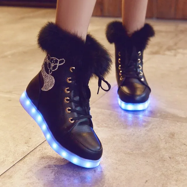 Winter Luminous Sneakers LED Shoes Plush Rabbit Women Snow Boots Cotton Dance Shoes Kids Boots Girls