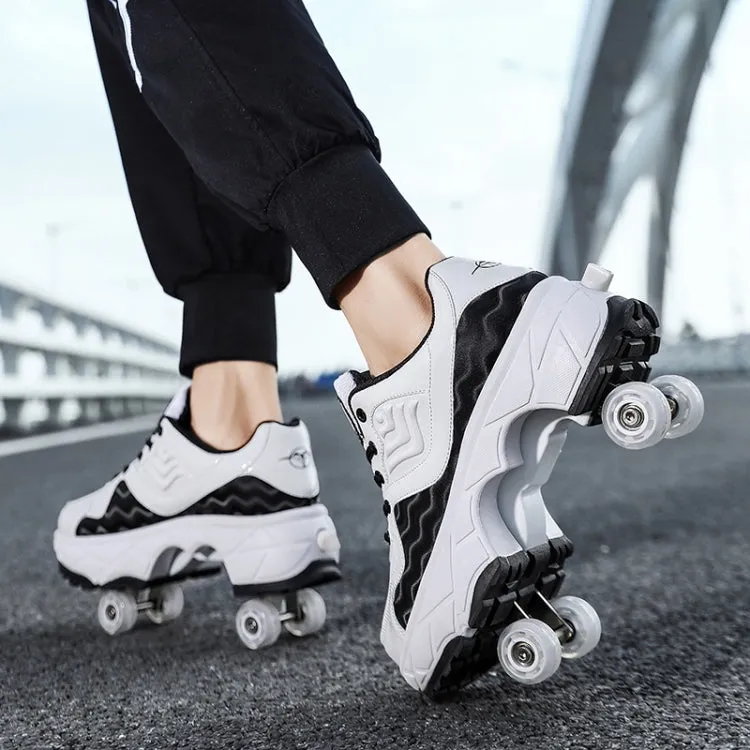 With Brakes Deformable Four-wheel Retractable Double-row Dual-purpose Roller Skates, Size: 40(DF08 White Black)