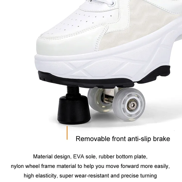 With Brakes Deformable Four-wheel Retractable Double-row Dual-purpose Roller Skates, Size: 40(DF08 White Black)