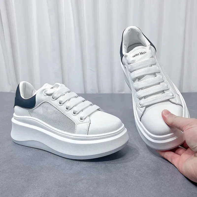 Wjczt Small stature, tall, small white shoes, women's genuine leather 2024 thick soled sponge cake mesh casual board shoes, breathable