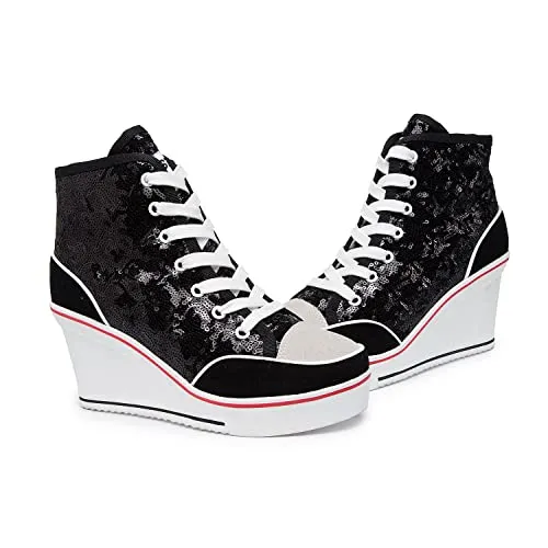 Women's Canvas High-Heeled Bling Shoes Casual Shoes Fashion Sparkling Sneakers for Walking Platform Wedges Pump Shoes Black, 8