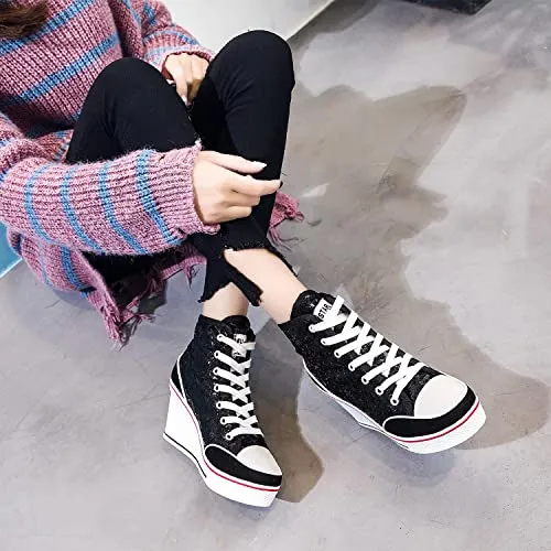 Women's Canvas High-Heeled Bling Shoes Casual Shoes Fashion Sparkling Sneakers for Walking Platform Wedges Pump Shoes Black, 8