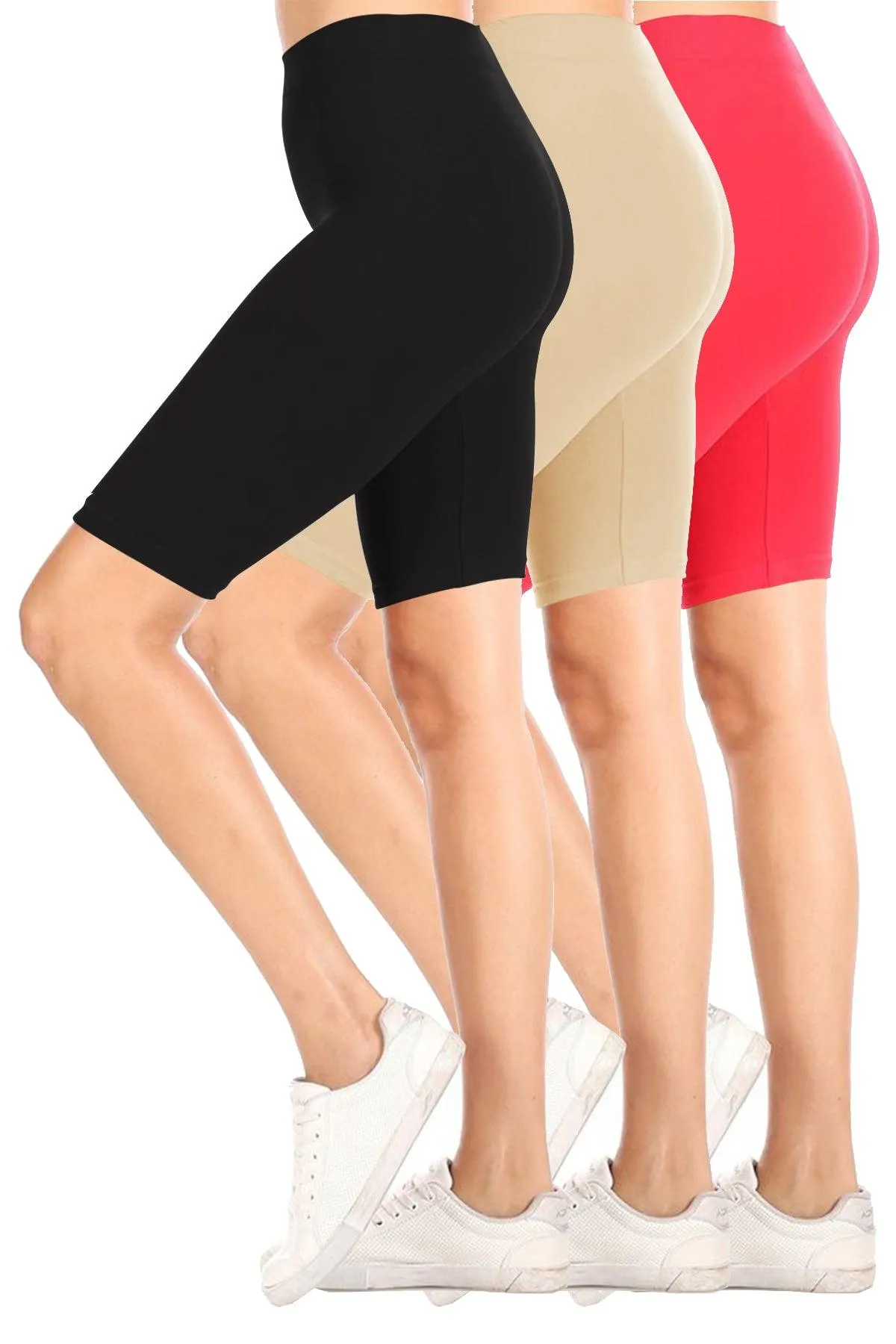 Women's Casual High Waist Stretch Basic  Mid Thigh Active Biker Shorts Pants (Pack of 3)