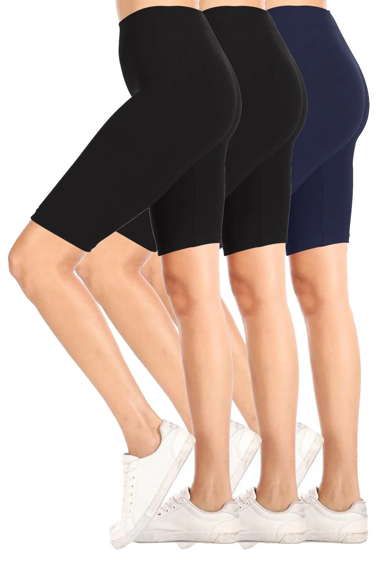 Women's Casual High Waist Stretch Basic  Mid Thigh Active Biker Shorts Pants (Pack of 3)