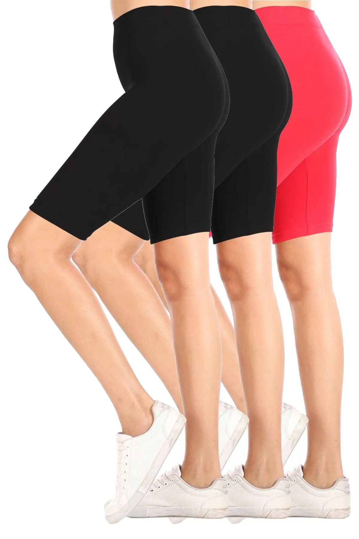 Women's Casual High Waist Stretch Basic  Mid Thigh Active Biker Shorts Pants (Pack of 3)