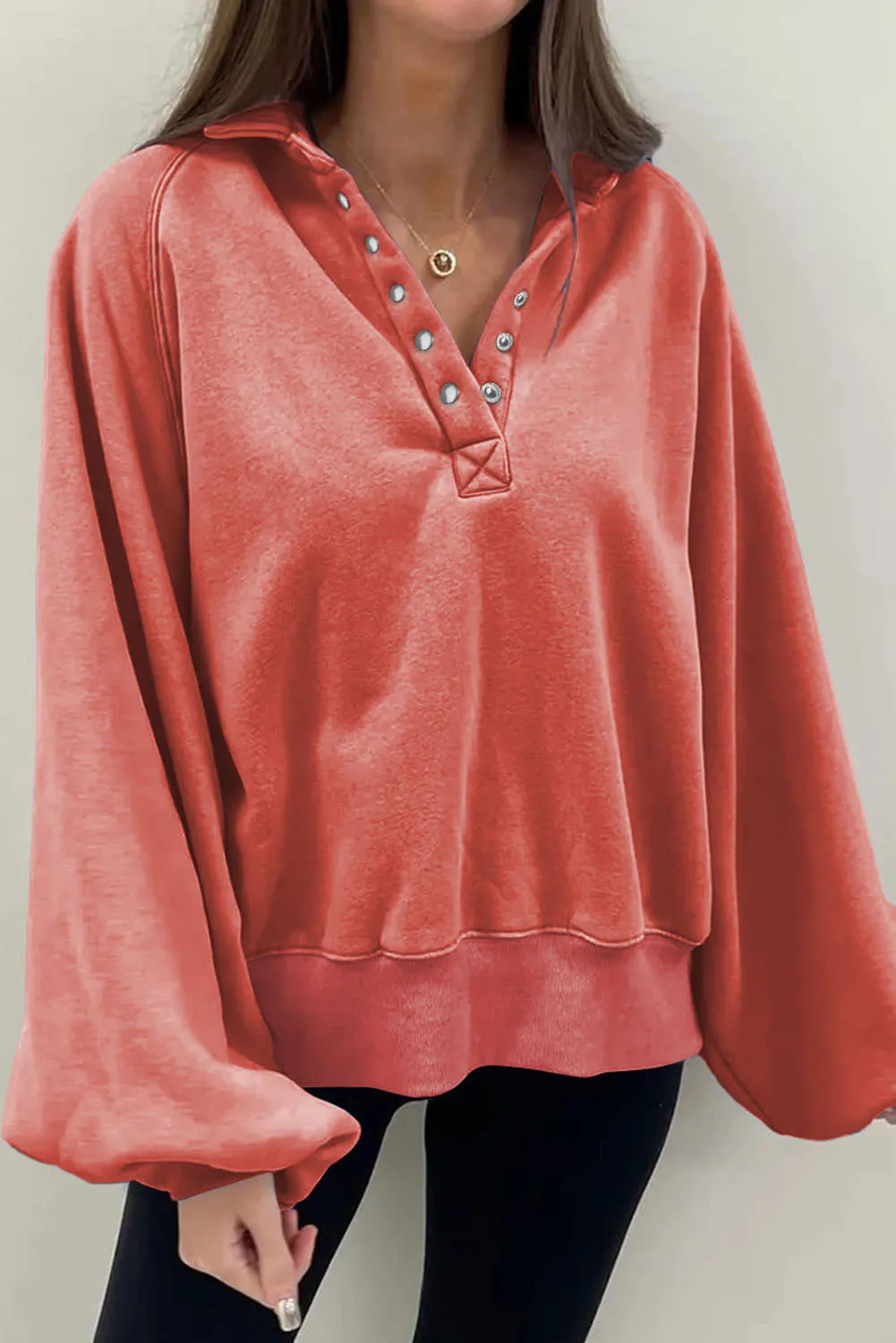 Womens Oversized Loose Lantern Sleeve Button Collar Pullover Sweatshirts Tops