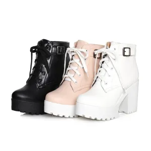 Women's Round Toe Lace-Up Buckle Straps Block Chunky Heel Platform Short Boots