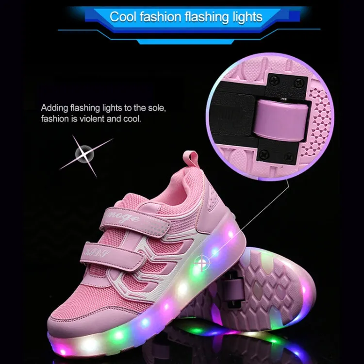 WS01 LED Light Ultra Light Mesh Surface Rechargeable Double Wheel Roller Skating Shoes Sport Shoes, Size : 32(Pink)