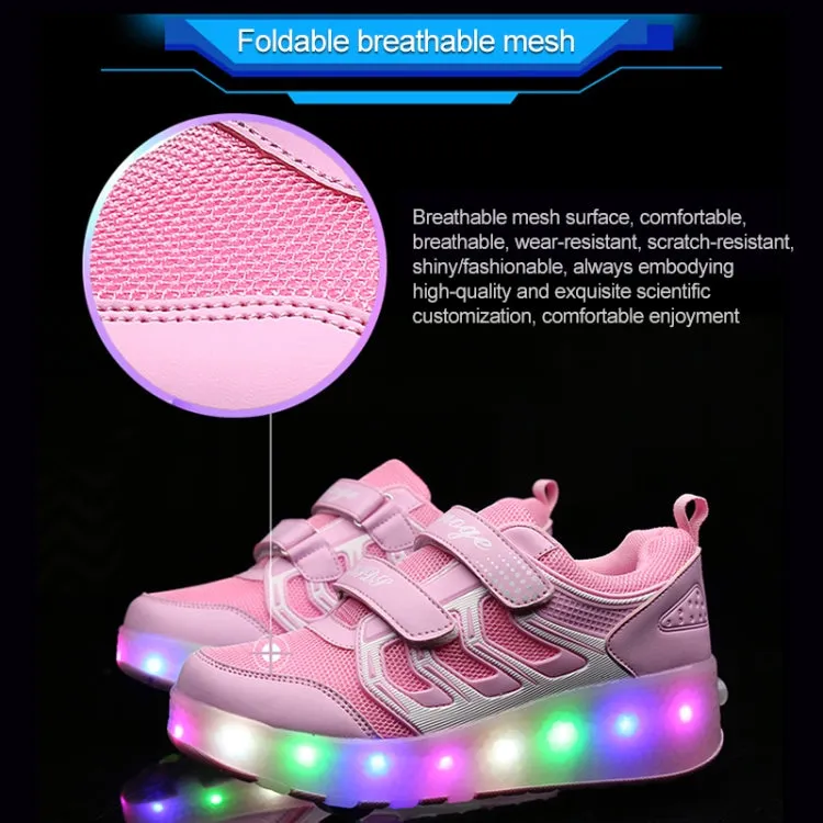 WS01 LED Light Ultra Light Mesh Surface Rechargeable Double Wheel Roller Skating Shoes Sport Shoes, Size : 32(Pink)