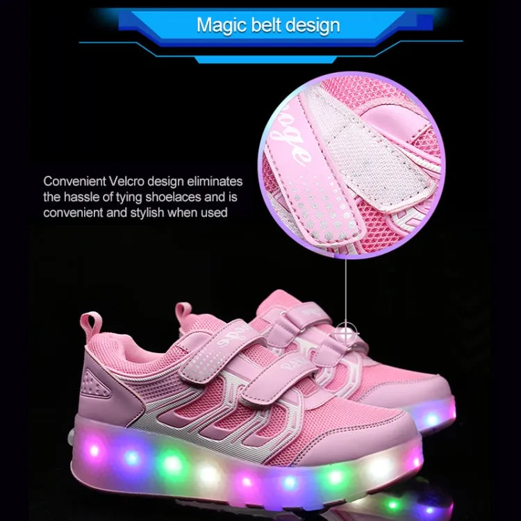 WS01 LED Light Ultra Light Mesh Surface Rechargeable Double Wheel Roller Skating Shoes Sport Shoes, Size : 32(Pink)