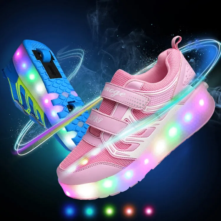 WS01 LED Light Ultra Light Mesh Surface Rechargeable Double Wheel Roller Skating Shoes Sport Shoes, Size : 32(Pink)