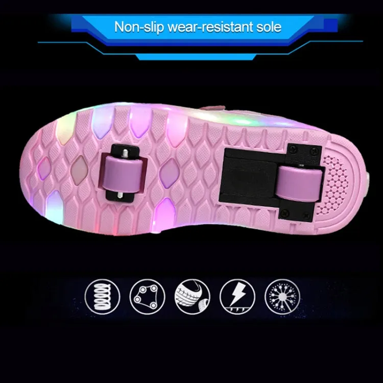 WS01 LED Light Ultra Light Mesh Surface Rechargeable Double Wheel Roller Skating Shoes Sport Shoes, Size : 32(Pink)