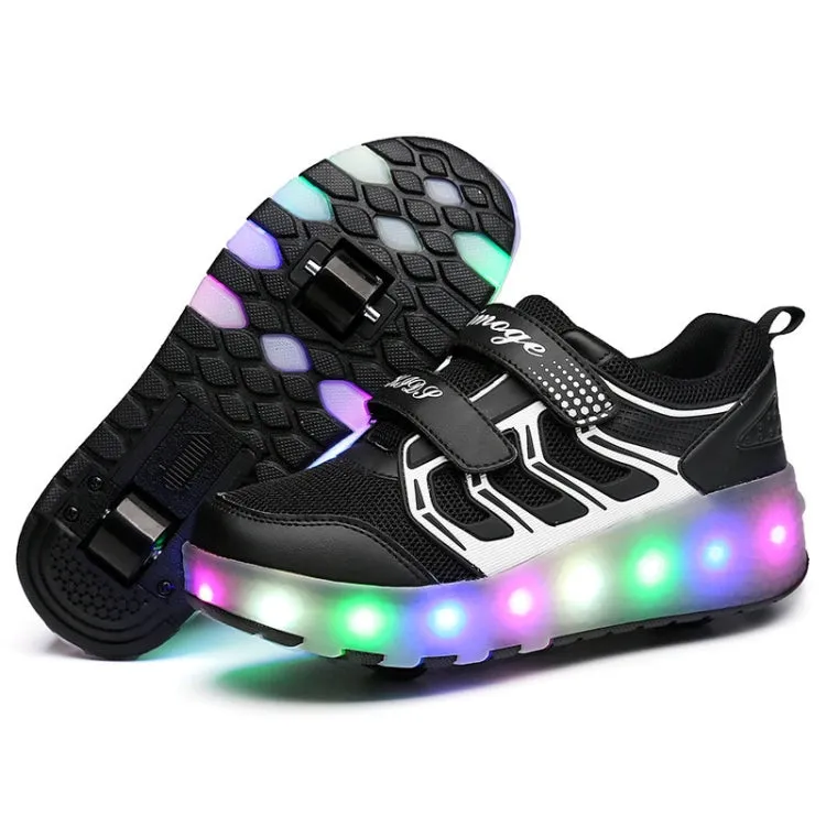 WS01 LED Light Ultra Light Mesh Surface Rechargeable Double Wheel Roller Skating Shoes Sport Shoes, Size : 37(Black)